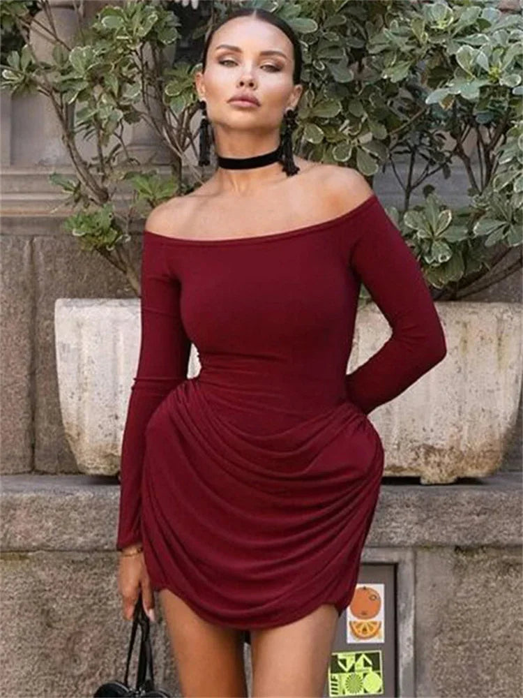 Pleated Mini Dress ’s Off-shoulder High Waist Long Sleeve Party Dress Female Bodycon Dress