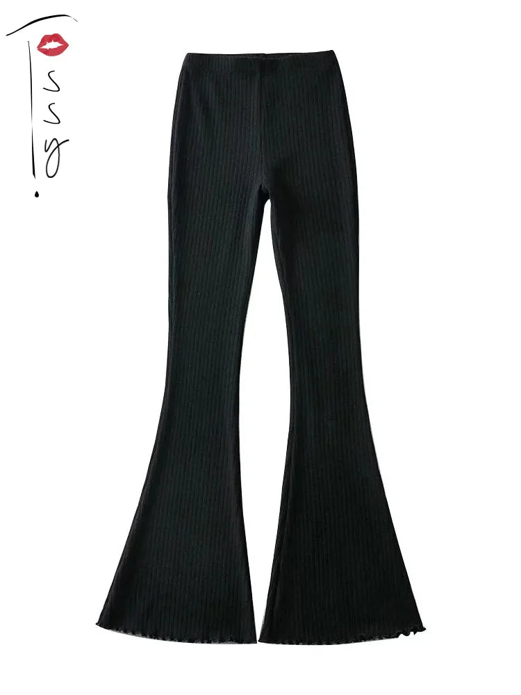 Knitted High Waist Flare Pants for Ribbed Leggings Female Stretchy Bodycon Trousers