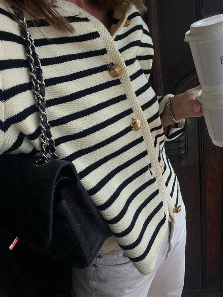 Striped Knit Sweater Cardigan Coat Female Loose Long Sleeve Slim Patchwork Contrast Outwear Summer Knitwear Coat