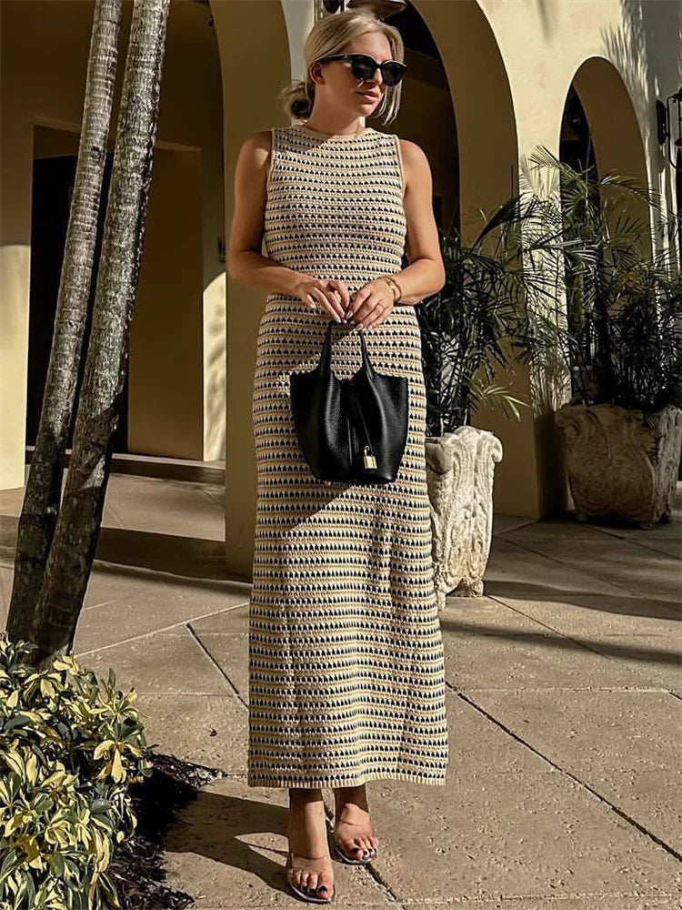Striped See-through Long Dress Female Sleeveless High Waist Patchwork Beach Dress Knit Maxi Dress Summer