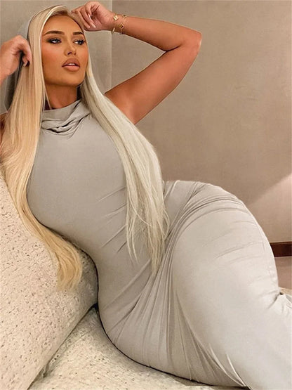 Summer Female Slim Long Dress Hoodie Split Sleeveless Maxi Dress Festival Outfits One Piece Dress