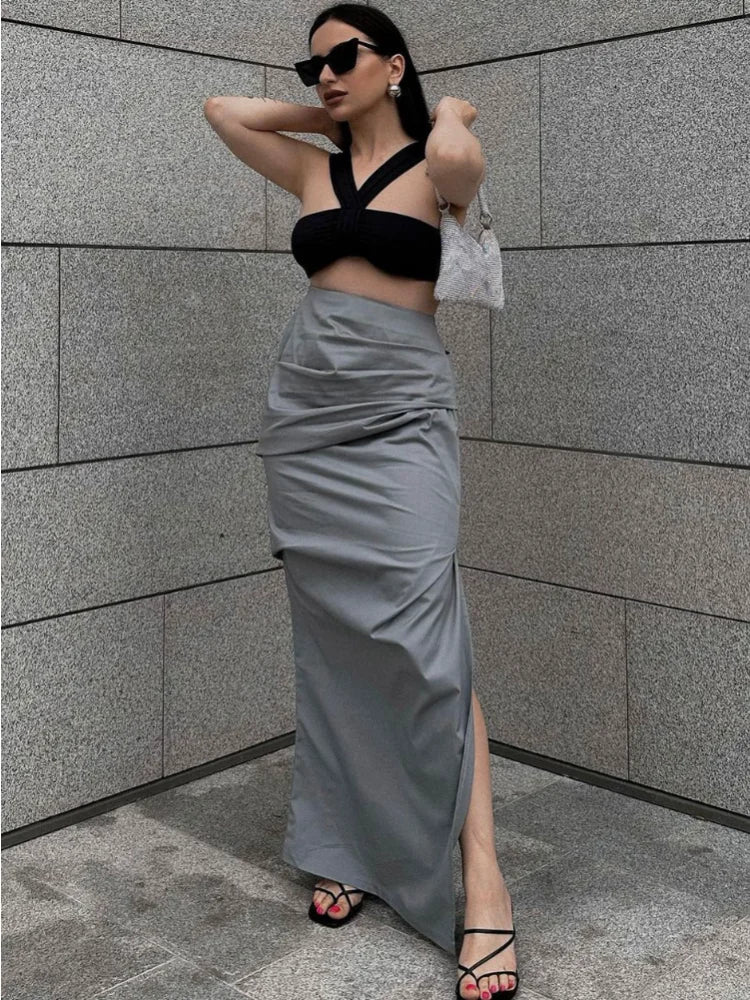 Summer for Split Y2k Pencil Skirts Bodycon High Waist Pleated Irregular Maxi Skirt