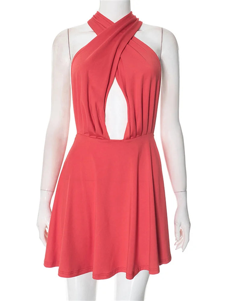 V-neck Backless Bandage Mini Dress