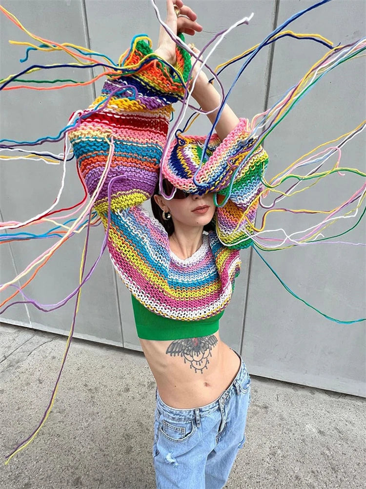 Tassel Contrast Holiday Sweater Pullovers for Loose Flared Sleeve Beach Knit Female Cover Up Pullover Crop Top
