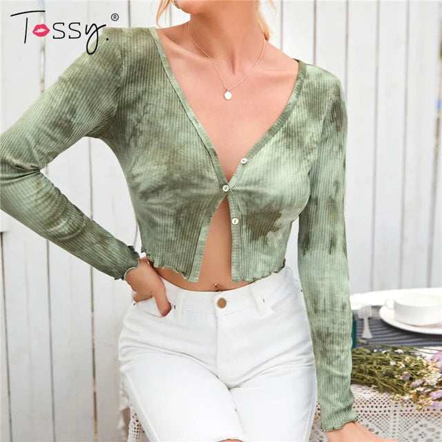 Tie Dye Print Crop Top White Ribbed Top Long Sleeve Spring V-neck Outfits Knitwear Cardigan