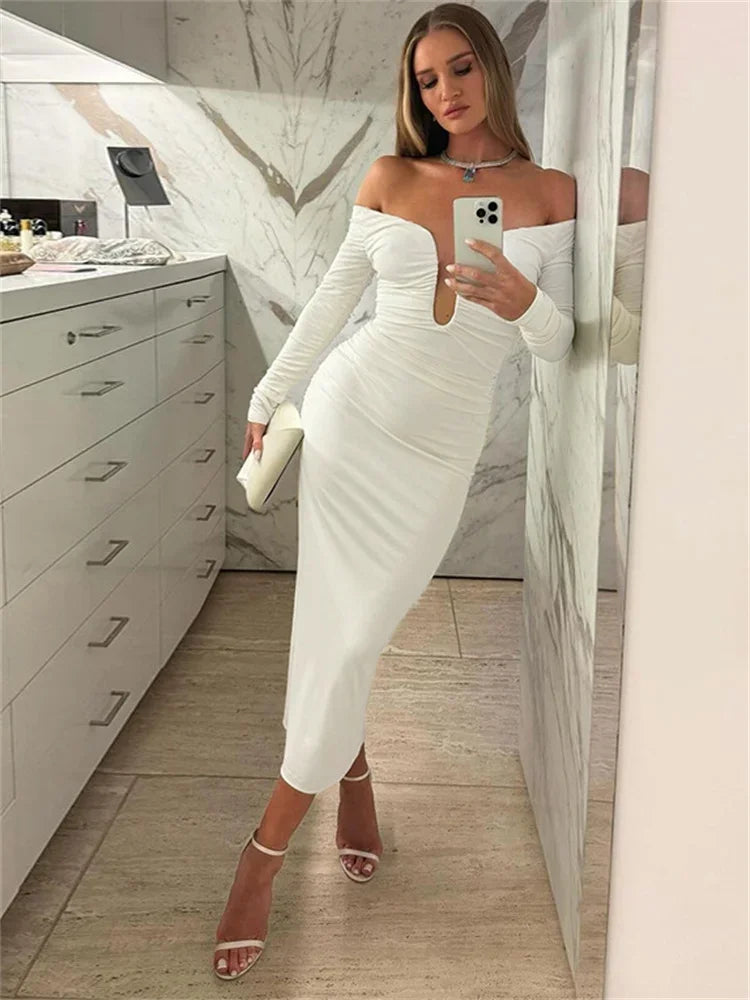 V-neck Off-shoulder Long Dress for Pleated Long Sleeve High Waist Skinny Dress Female Slim Maxi Dress New