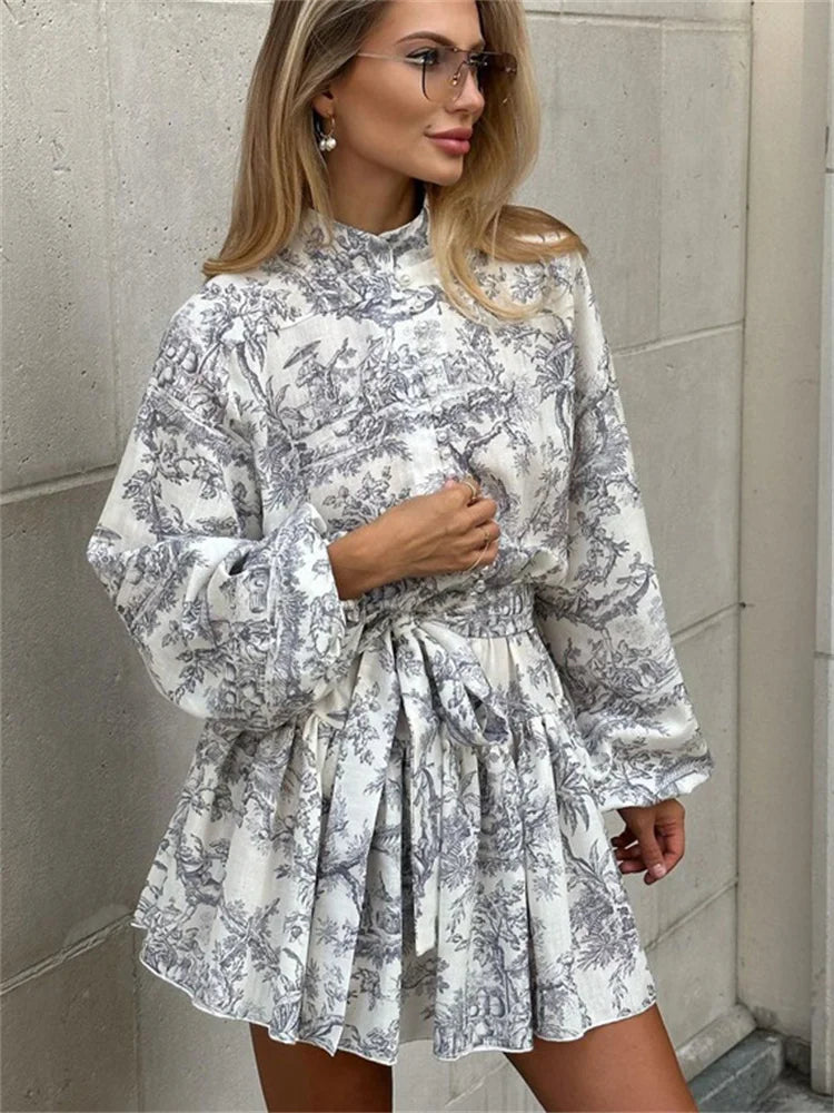 Printed Lace-up Mini Dress – Ruffled Pleated Bandage Dress