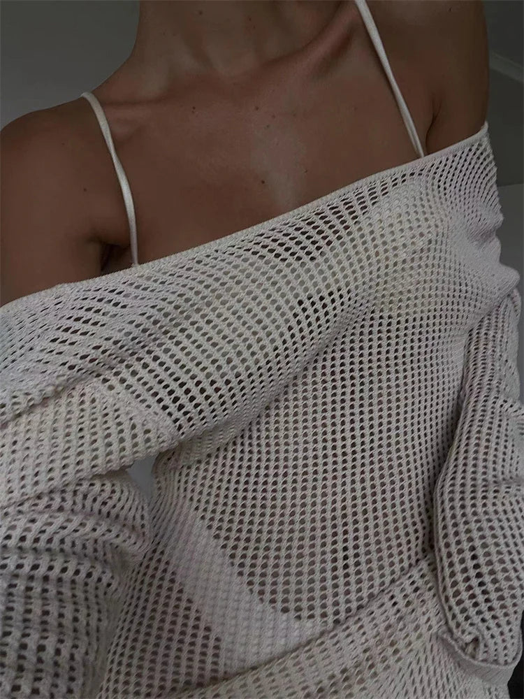 White Crochet Hollow Out Midi Dress for Long Sleeve Dress Beach Holiday See-through Summer Dress Cover-up
