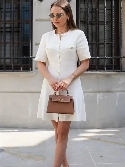 White Knit Pocket Mini Dress