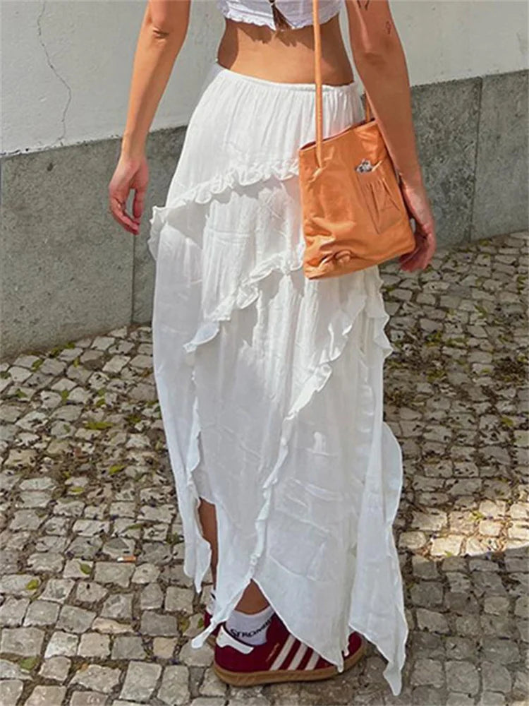 White Ruffled Patchwork Long Skirt See-through for Split Summer Beach Holiday Maxi Skirt ’s Y2k Skirt