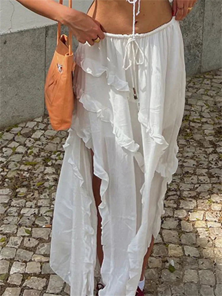 White Ruffled Patchwork Long Skirt See-through for Split Summer Beach Holiday Maxi Skirt ’s Y2k Skirt