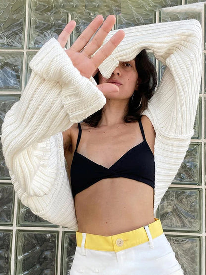 White Sweater Shrugs Cropped Top Full Lantern Sleeve Knitwear Pullover Summer High Street Outwear Spring