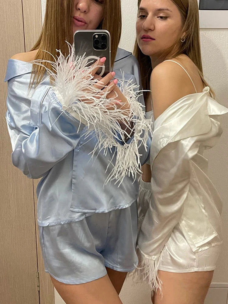 Feather Full Sleeve Pajama Sets Suits With Shorts Pocket Turn Down Collar Nightwear Single Breasted Outwears