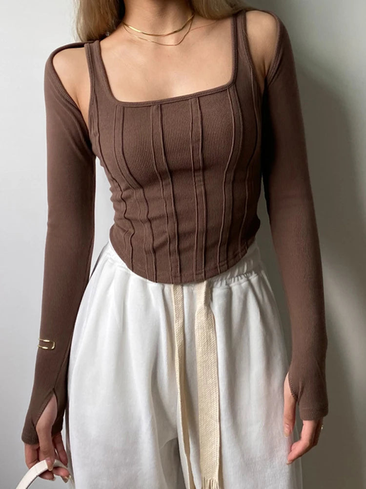 Striped Stitching Slim T-shirt Female 2 in 1 Shrug Set Co-ord Crop Shrug and Corset Tank Tops Set Y2k New