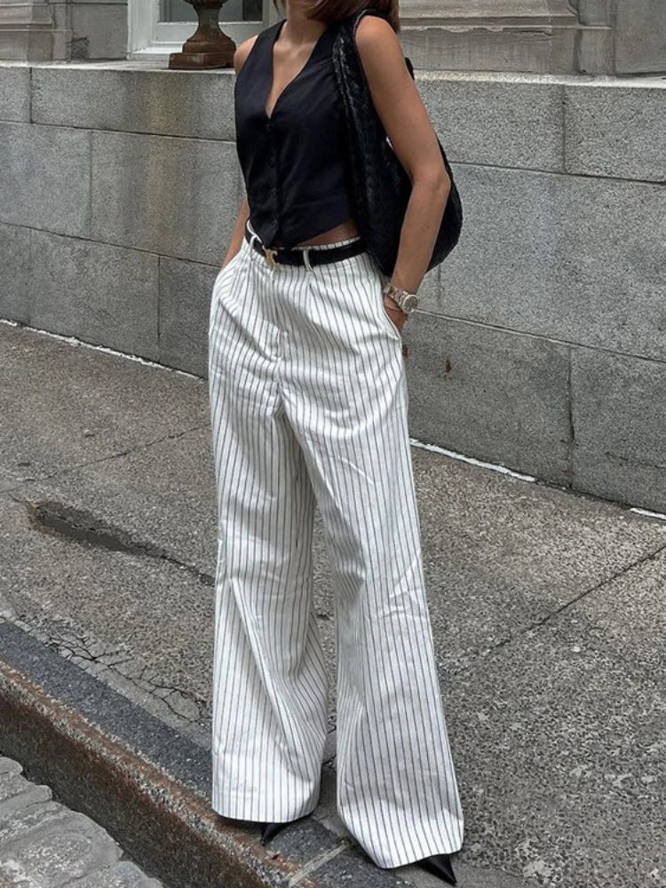 ’s Black White Stripe Wide Leg Pants New High Waist Zipper Loose Work Business Pants With Pockets
