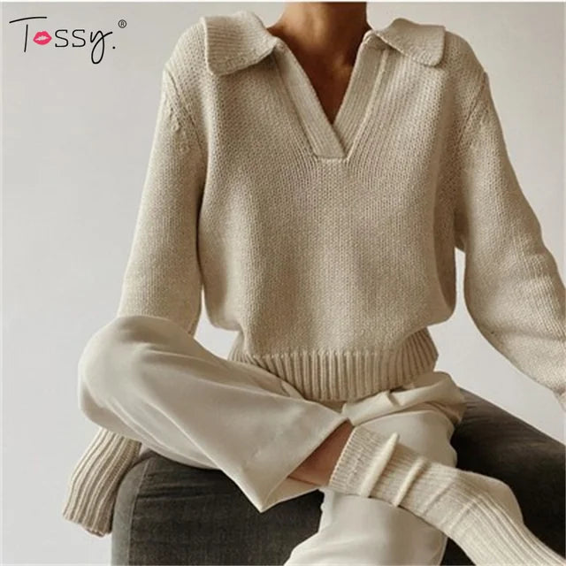 ’s Long Sleeves V-neck Knitted Sweater Loose Pullover Autumn Winter Sweatshirts Female Jumper