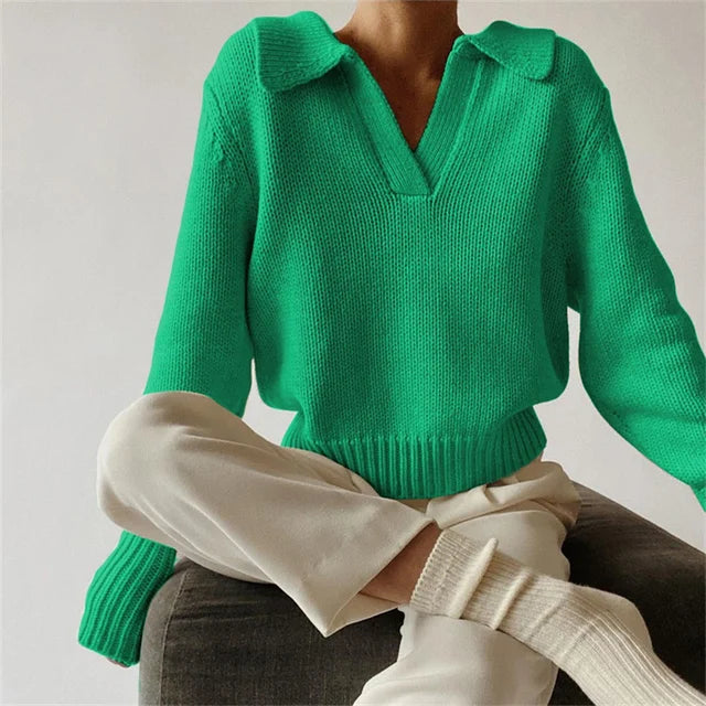 ’s Long Sleeves V-neck Knitted Sweater Loose Pullover Autumn Winter Sweatshirts Female Jumper