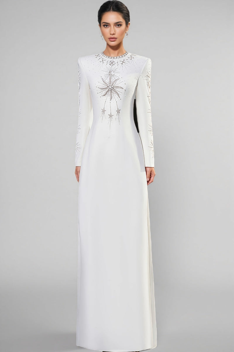 Zayden White Rhinestone Beaded Maxi Dress