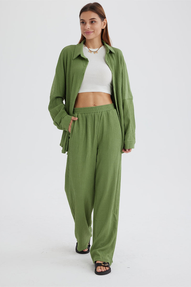 Two Piece Color Long Sleeve Shirt Long Pants Set