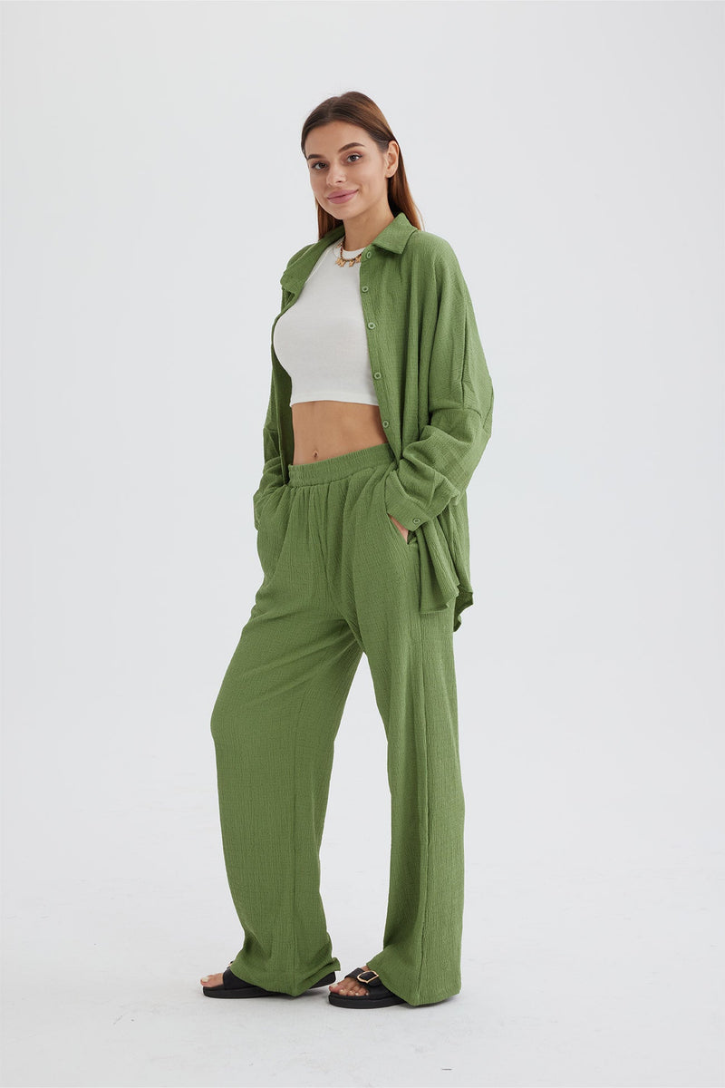 Two Piece Color Long Sleeve Shirt Long Pants Set
