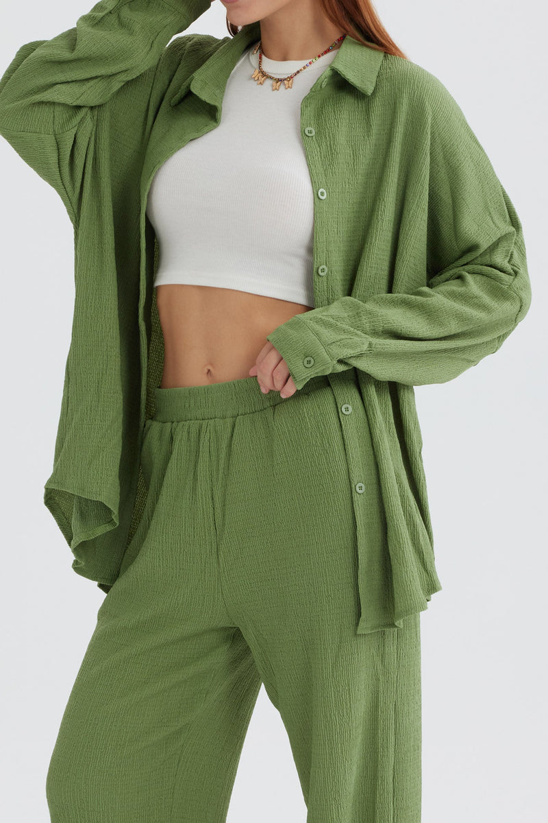 Two Piece Color Long Sleeve Shirt Long Pants Set