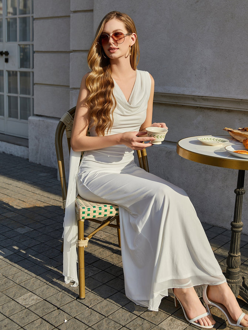 U-neck Backless Side Ribbon Trim Ruched Mesh Dress