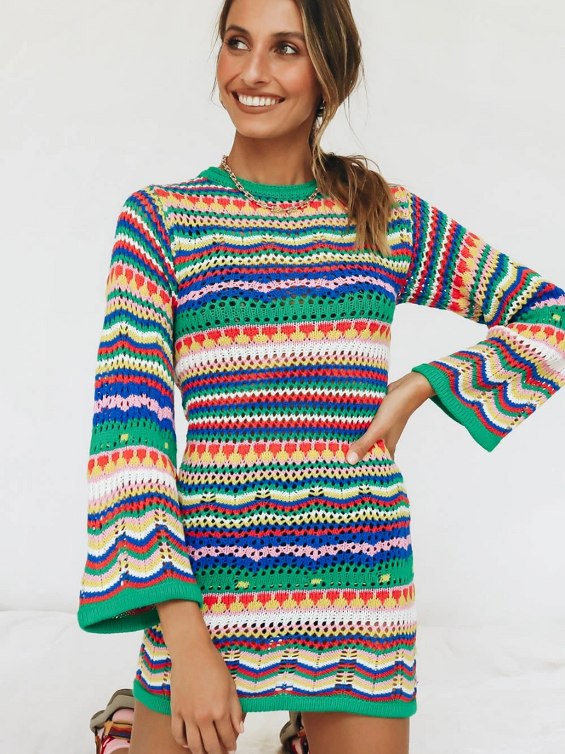 | Zig Zag Crochet Knit Dress - Green