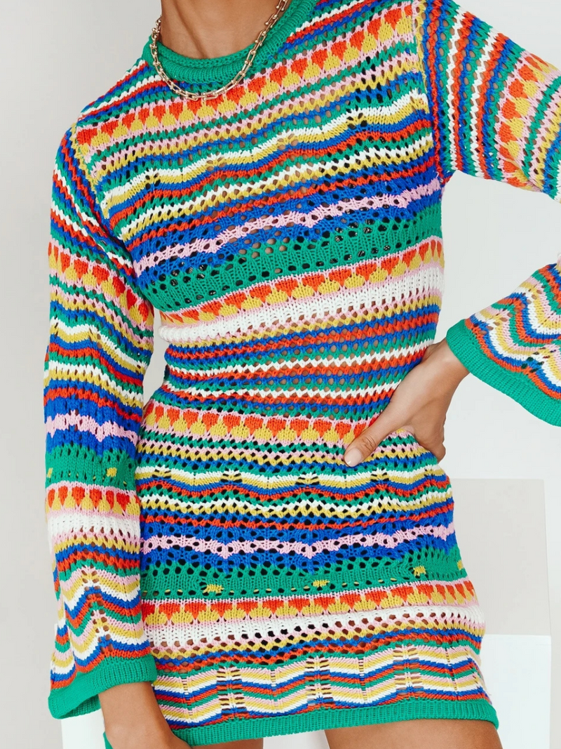 | Zig Zag Crochet Knit Dress - Green