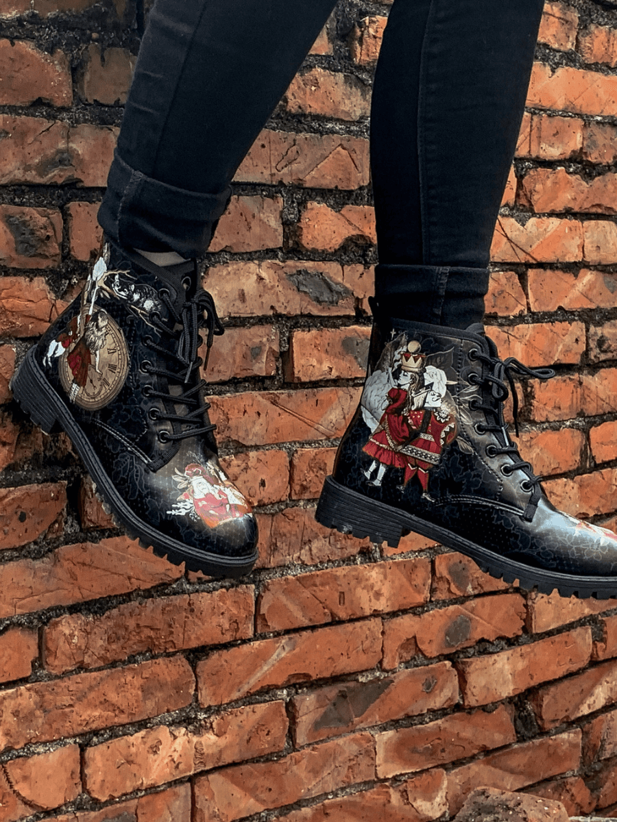 En Bloom | Fairy Tale Princess Lace-up Ankle Flat Combat Boots - Black