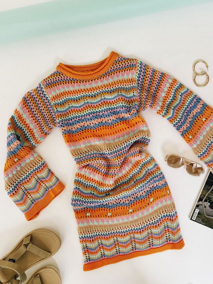 | Zig Zag Crochet Knit Dress - Orange