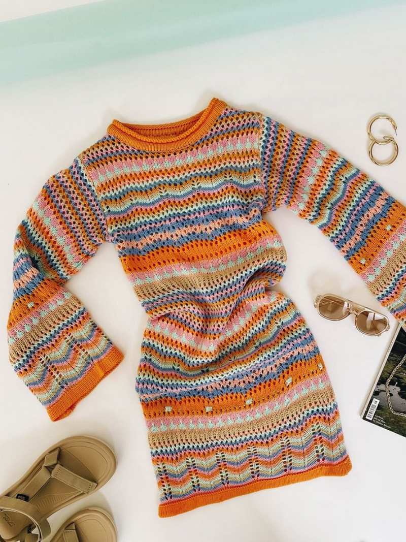 | Zig Zag Crochet Knit Dress - Orange