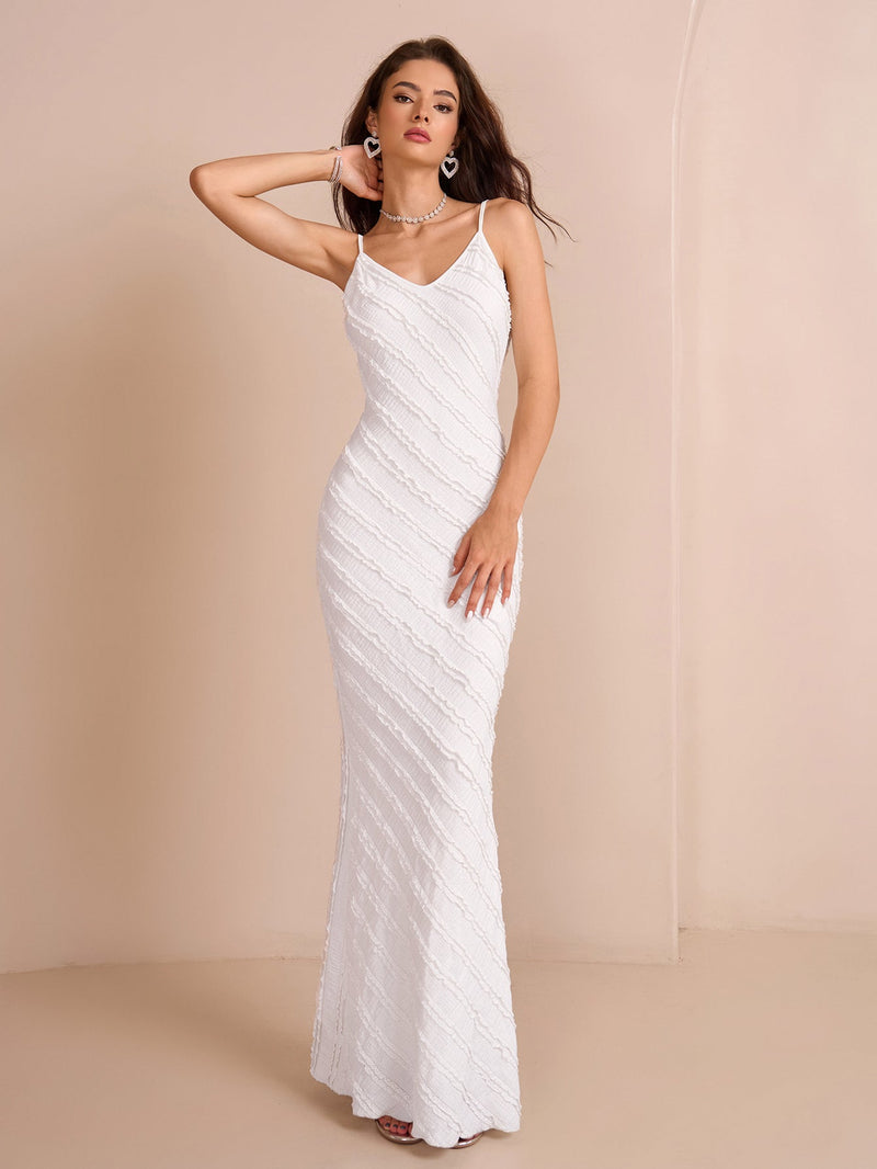 V-neck Backless Knitted Jacquard Mermaid Hem Cami Dress