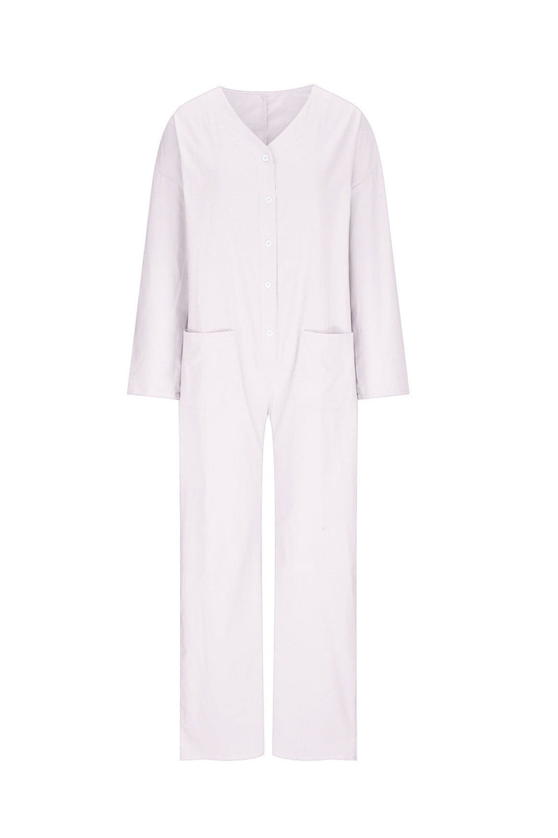 V Neck Button-up Cotton Linen Baggy Jumpsuits
