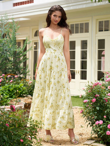 V-neck Cut Out Bow Tie Back Cami Long Dress