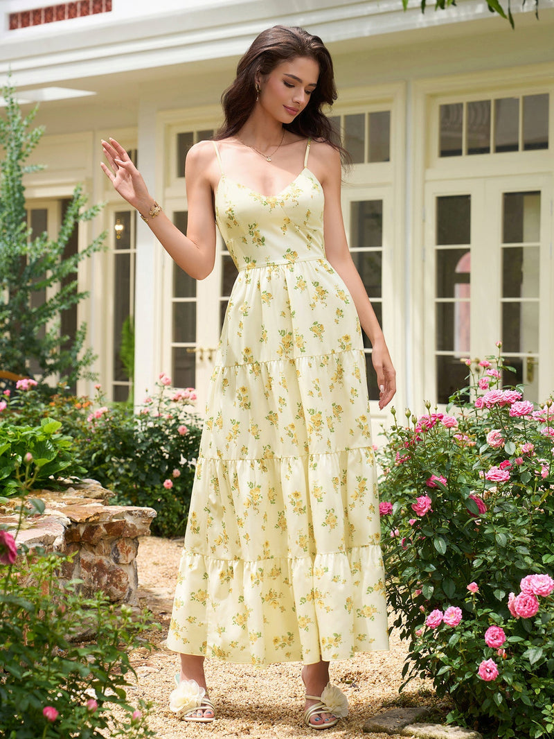 V-neck Cut Out Bow Tie Back Cami Long Dress