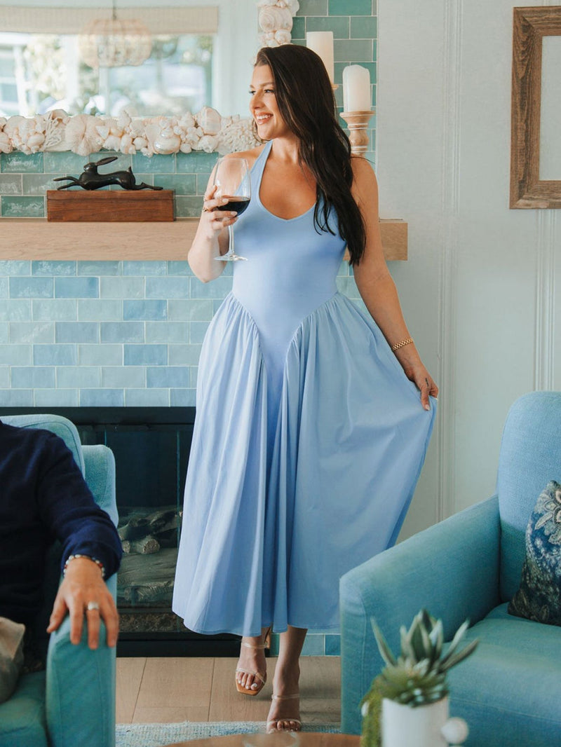 V-neck Halter Flared Hem Dress