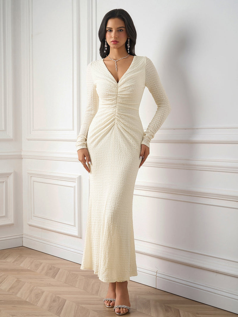 V-neck Ruched Twist Bodycon Knitted Dress