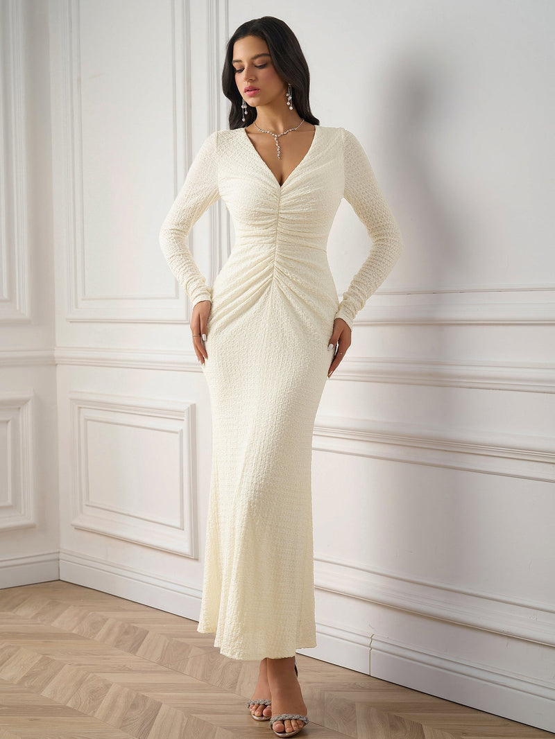 V-neck Ruched Twist Bodycon Knitted Dress