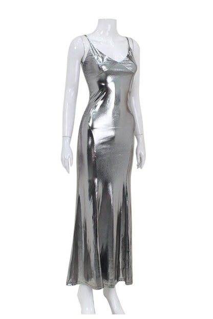 V Neck Shiny Fishtail Maxi Dress