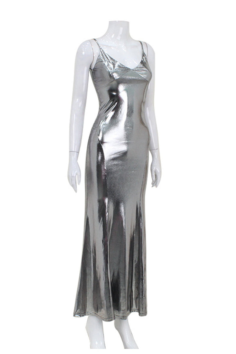 V Neck Shiny Fishtail Maxi Dress