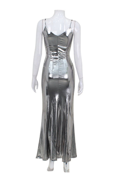 V Neck Shiny Fishtail Maxi Dress