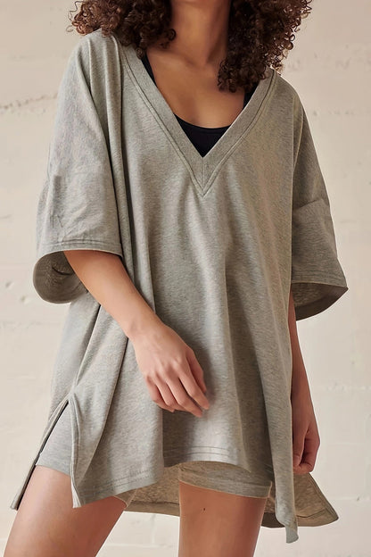 V Neck Side Slit T-shirt Bodycon Shorts Set