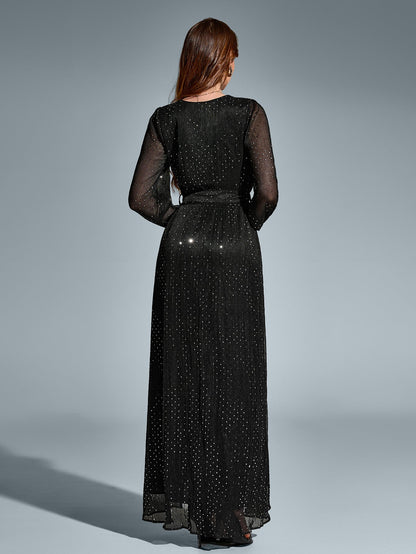 V-neck Side Split Tie Round Dot Ruched Maxi Dress