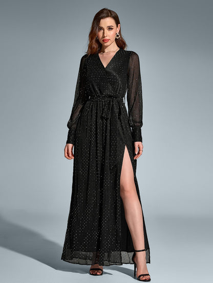 V-neck Side Split Tie Round Dot Ruched Maxi Dress
