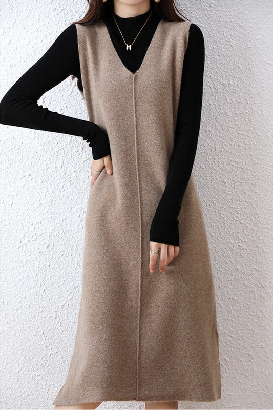 V Neck Color Wool Tank Dress