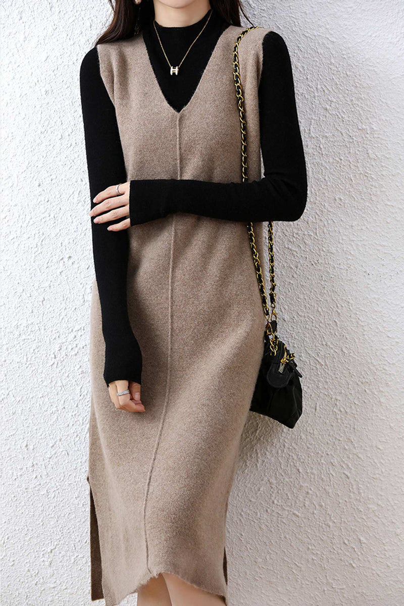 V Neck Color Wool Tank Dress