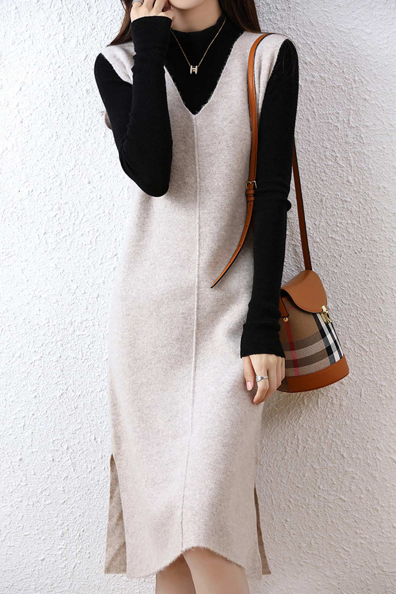 V Neck Color Wool Tank Dress