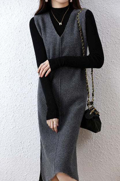 V Neck Color Wool Tank Dress