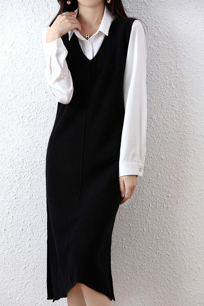 V Neck Color Wool Tank Dress