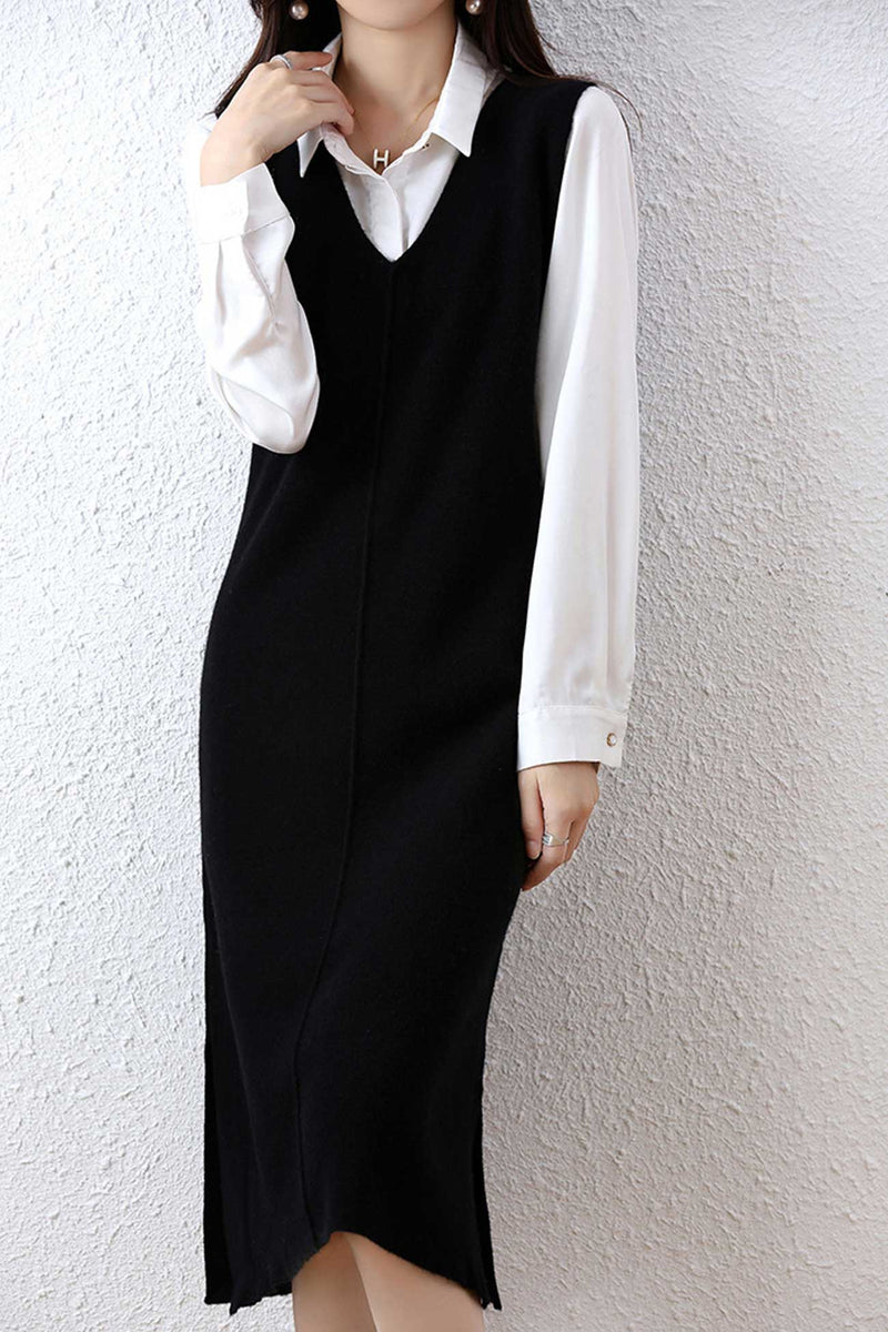 V Neck Color Wool Tank Dress